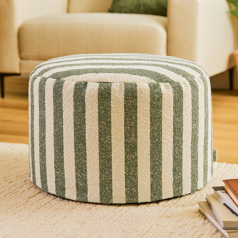 Pouf rond en bouclé rayé Milano - Vert olive