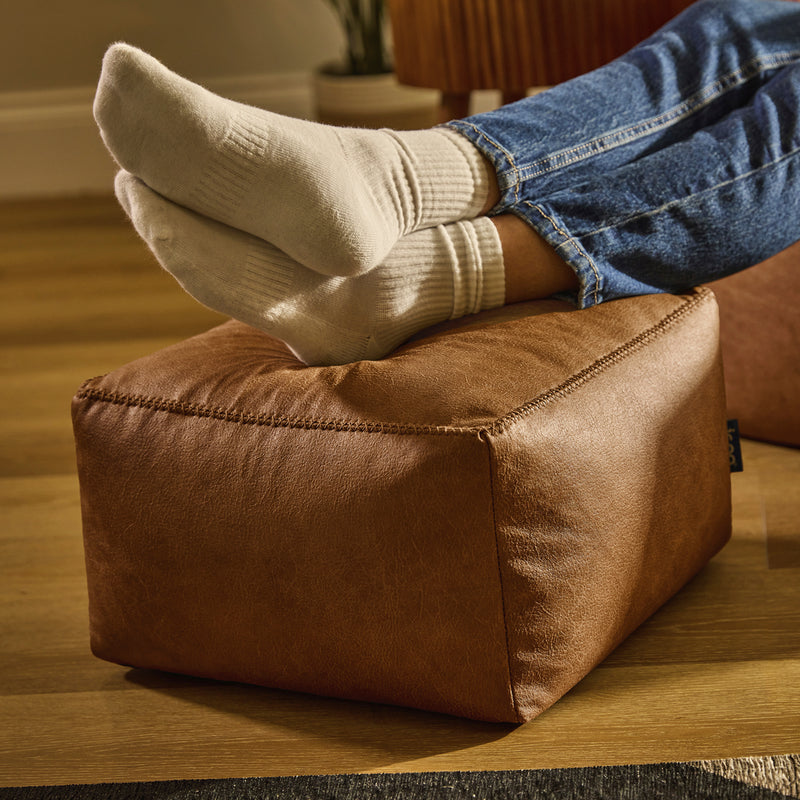 Amara Faux Leather Square Footstool Bean Bag - Tan