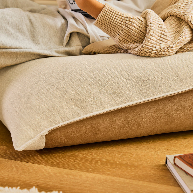 Pouf fauteuil Rocco en lin et similicuir - Naturel/Brun clair