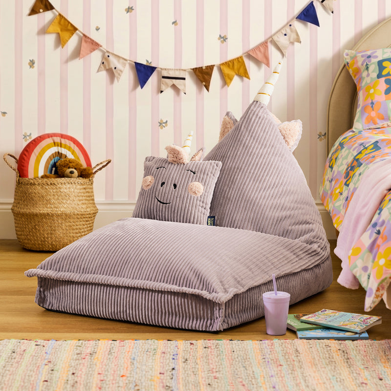 Coussin et pouf enfant Luna Licorne en velours côtelé - Lavande