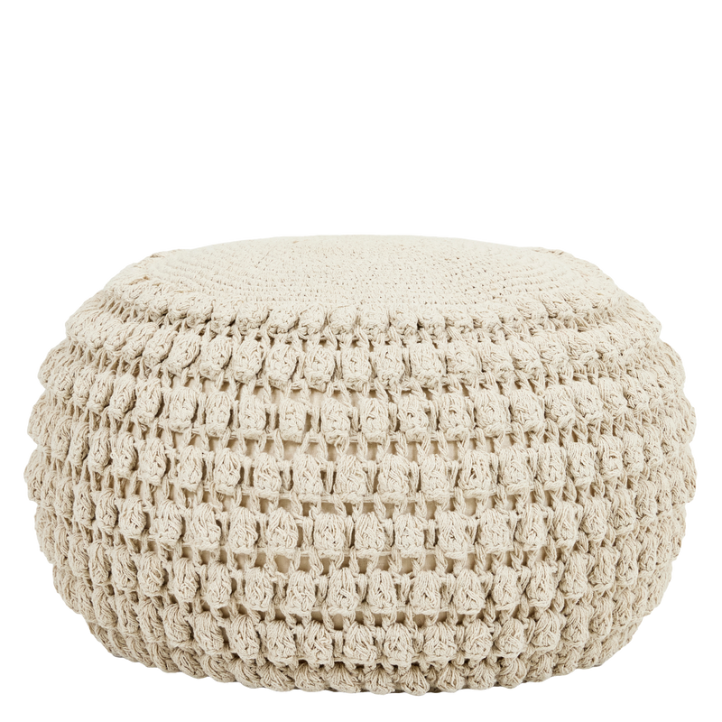 Pouf rond crocheté à pompons Riva - Naturel