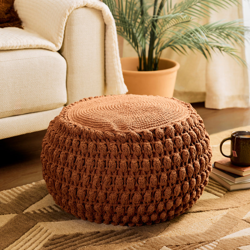 Pouf rond au crochet Riva Bobble - Terre cuite