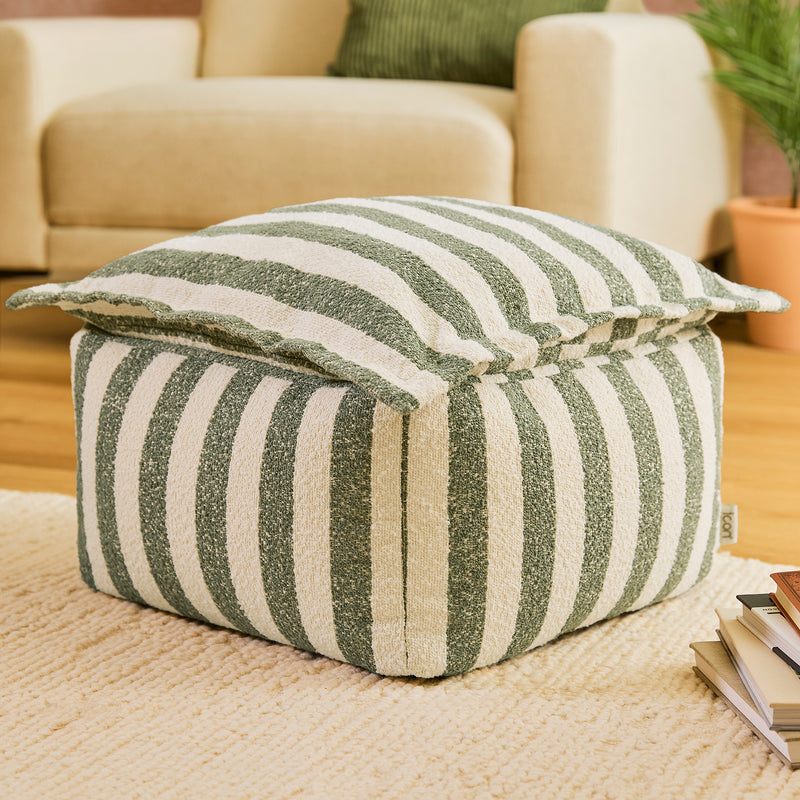 Pouf à plateau Sofia en bouclé rayé - Vert olive
