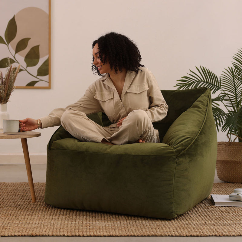 Fauteuil pouf en velours Natalia, vert olive