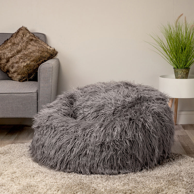 Pouf classique en fausse fourrure Mongolian, Gris Anthracite