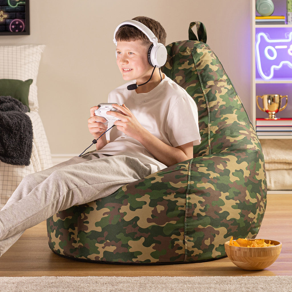 Pouf gaming à dossier haut résistant à l'eau, imprimé camouflage vert 